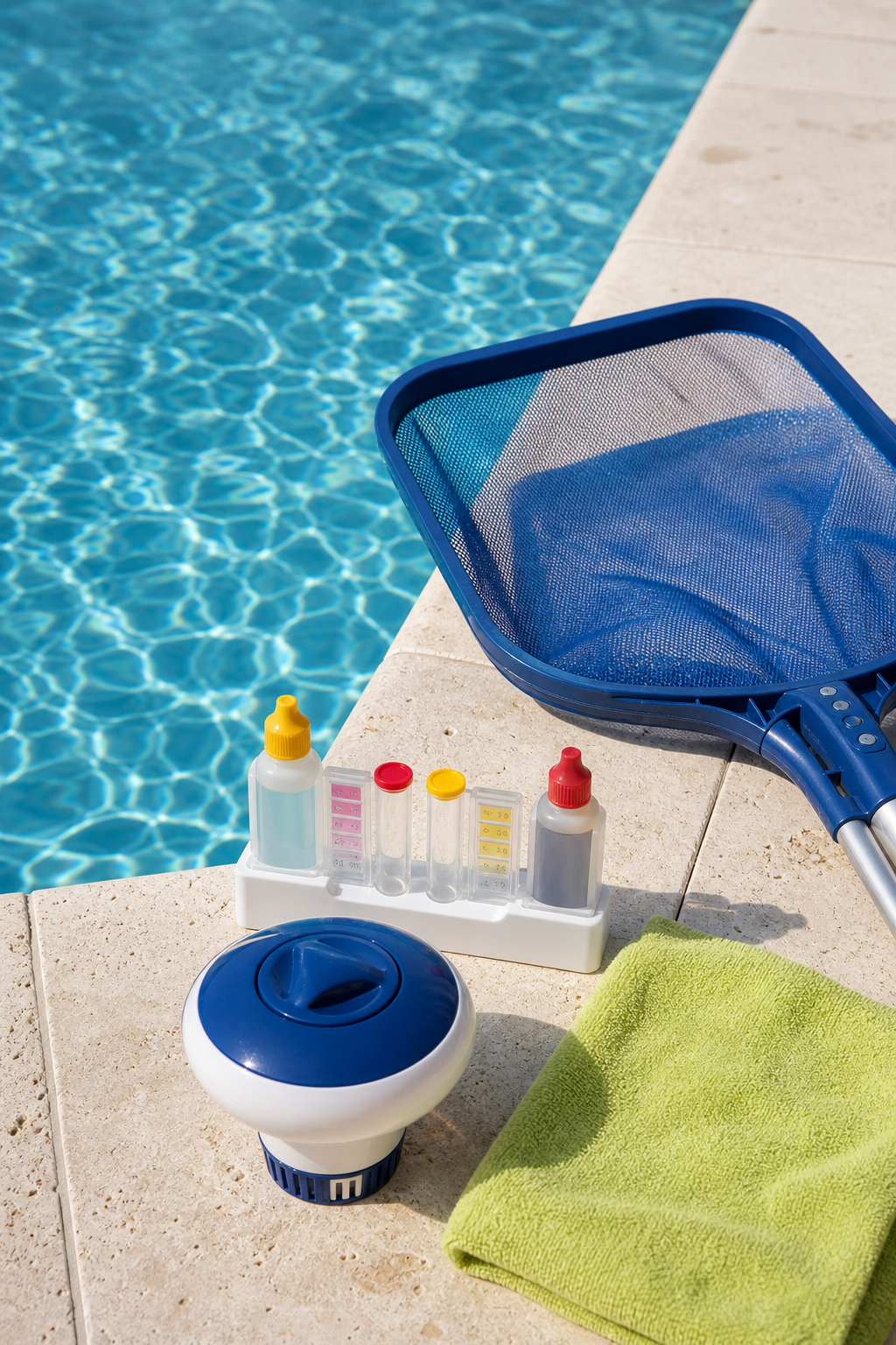 Pool maintenance tools beside blue water
