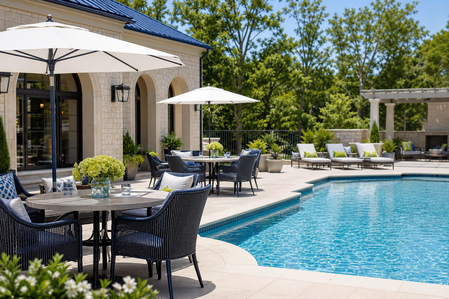 Clean poolside patio prepared for visitors
