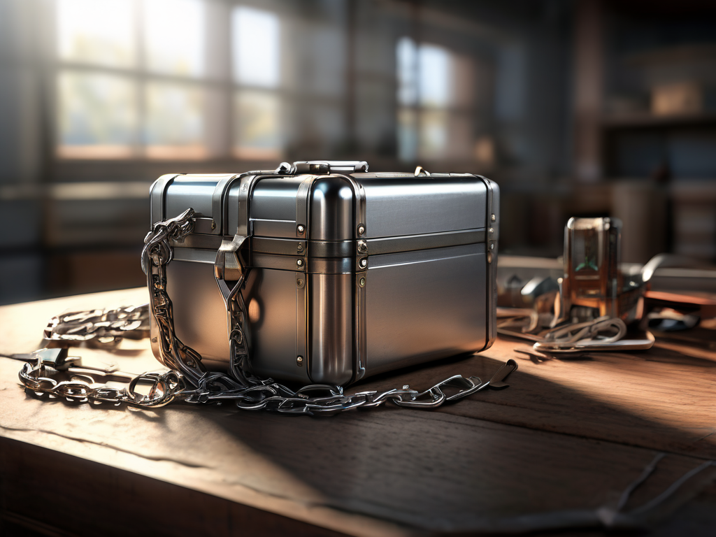Sealed metal case with chain and small blocks on brushed surface, morning light.