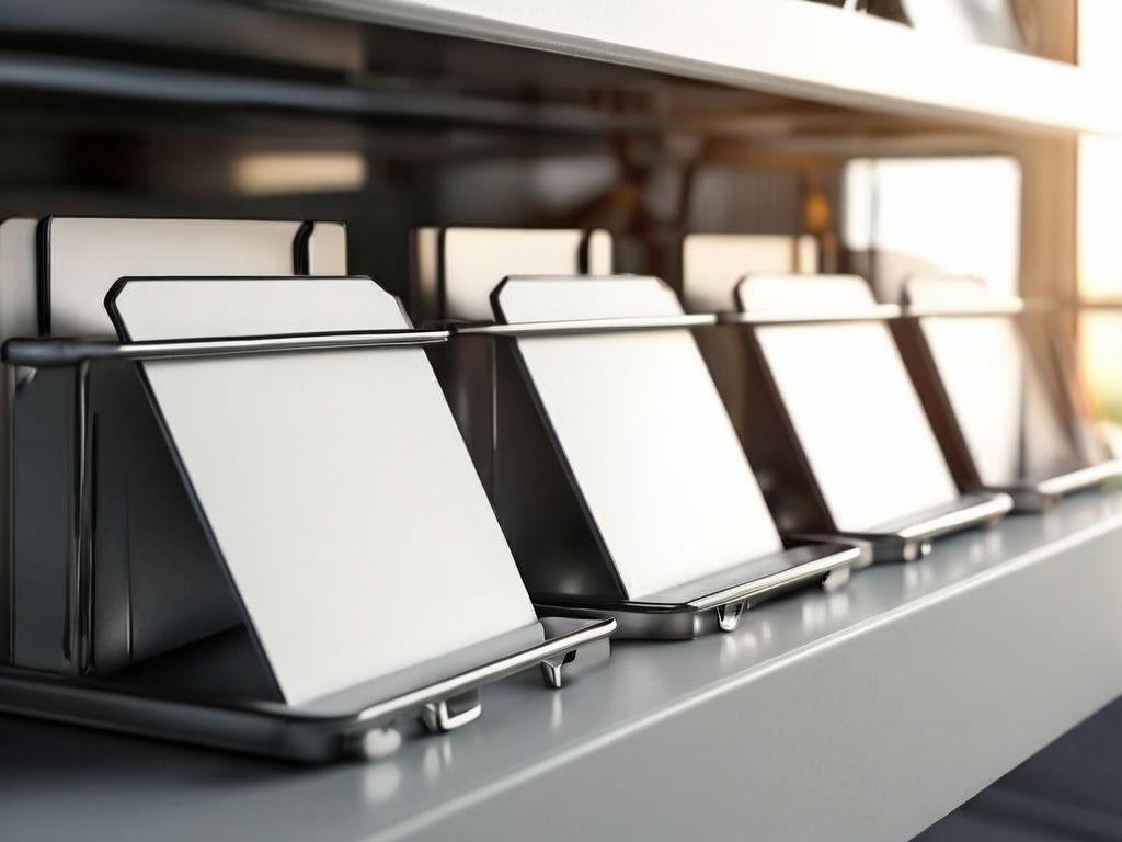 Brushed metal storage tray with blank divider cards separating marked and unmarked slots in soft daylight.