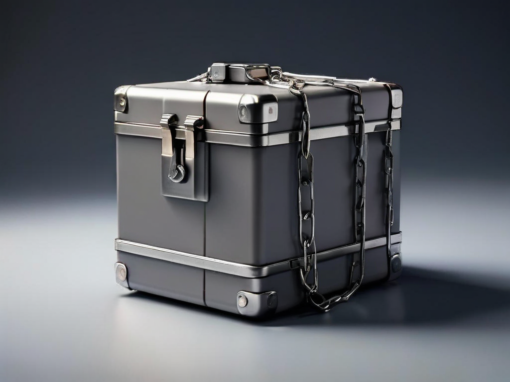 A sealed metal storage case with a short chain on a matte gray surface, surrounded by small blank blocks symbolizing file...