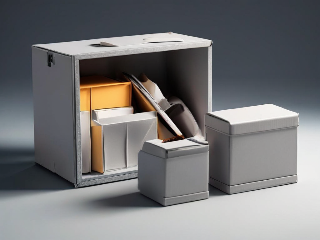 Small archive boxes and blank compartment inserts on a matte gray surface with soft side light, symbolizing information grouping.