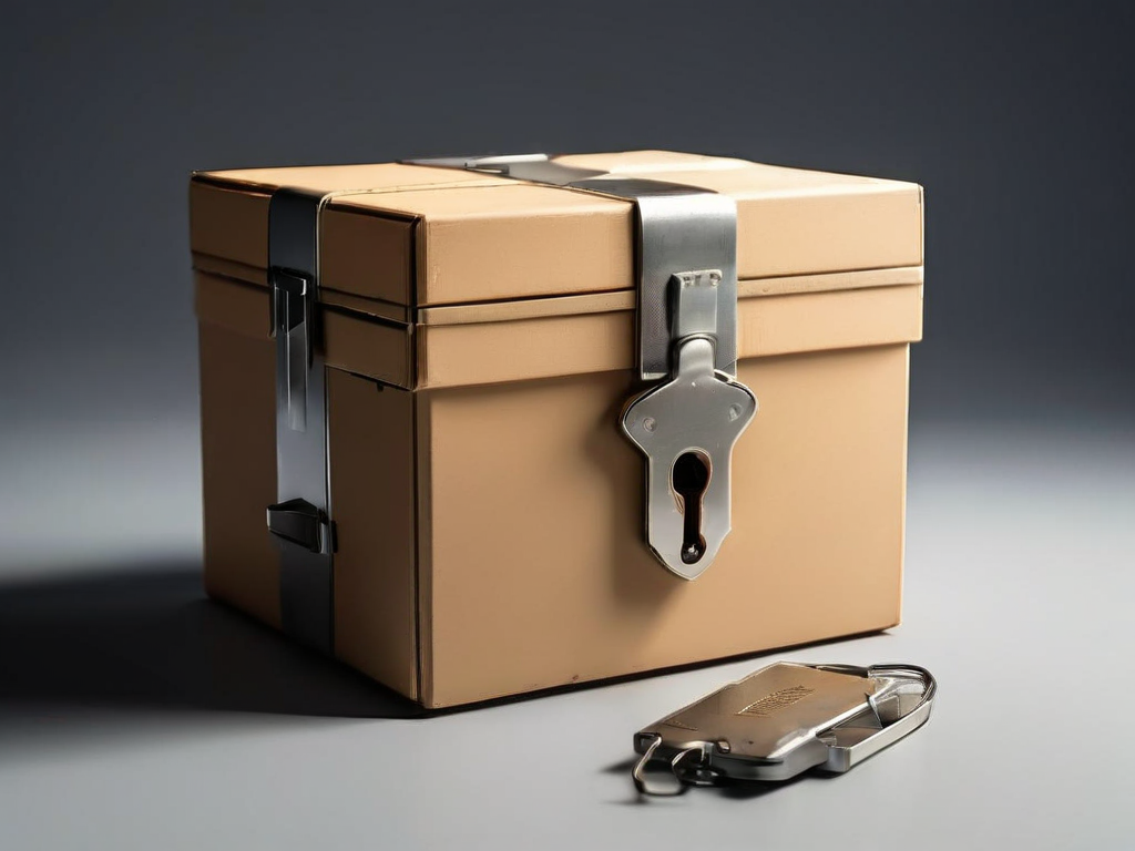 Sealed archive box with lock and blank instruction card on gray studio surface.