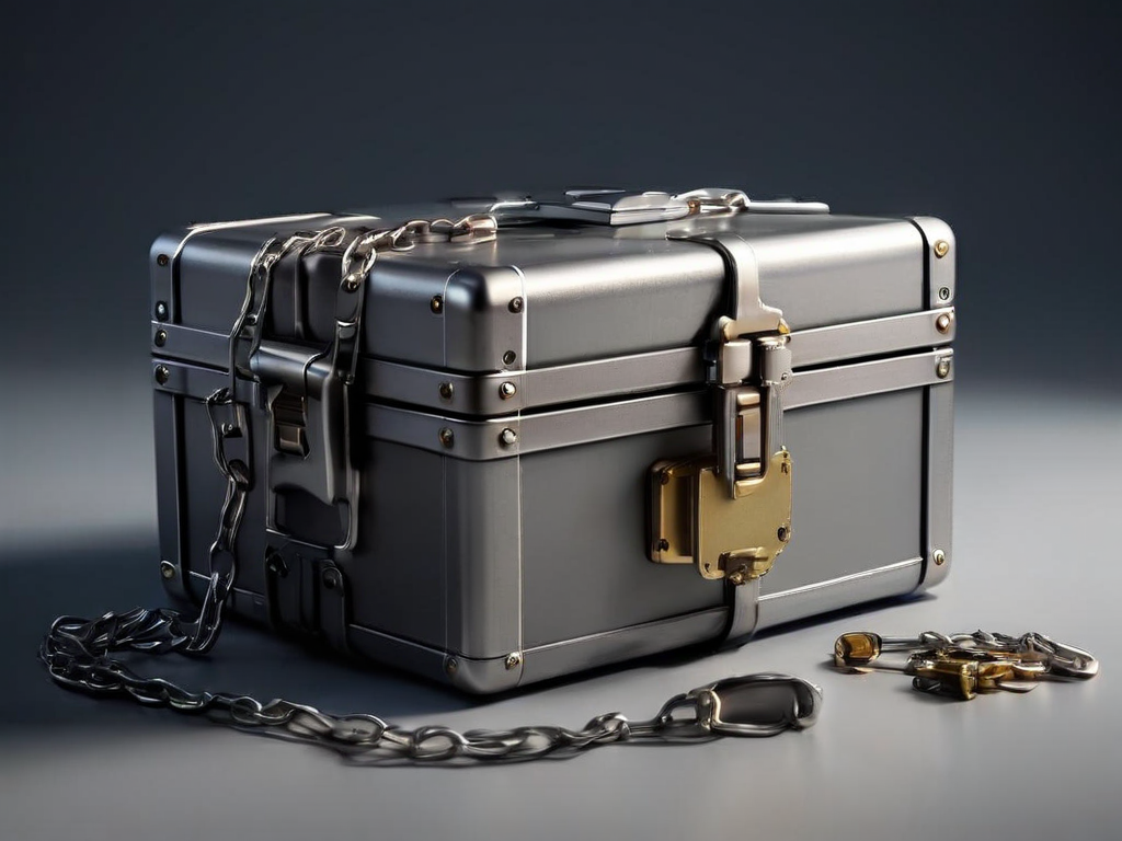 A sealed metal case beside short chain links and small separate blocks, representing connected file locations.