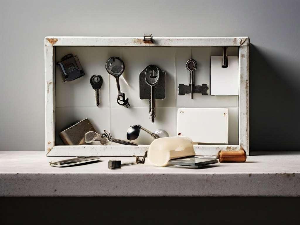 A locked security box with a brass key and blank divider cards arranged neatly in an acrylic tray on a stone countertop.