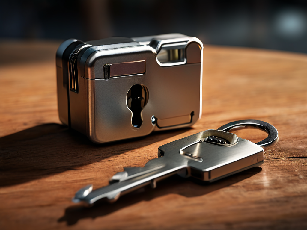 Lock, key case, and blank card on brushed metal surface for account security metaphor.