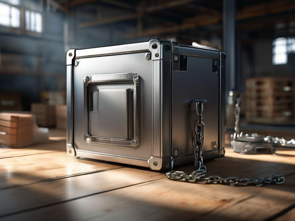 A locked metal case with a short chain sits beside small blank blocks on a brushed metal surface in angled morning light.