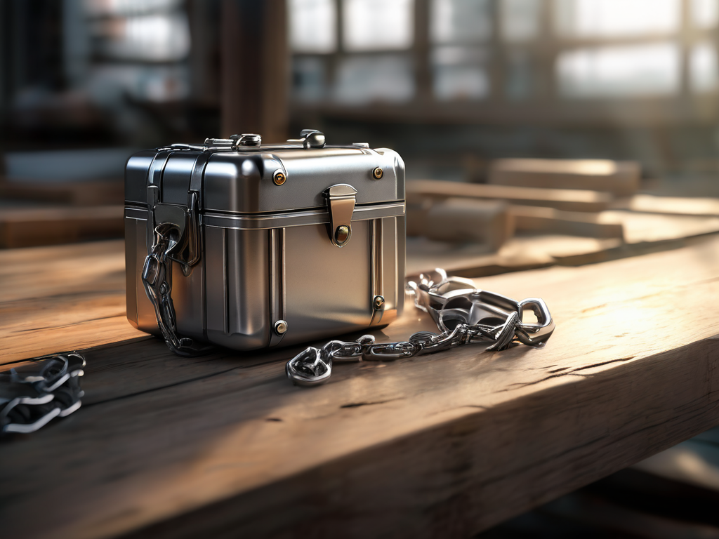 Sealed metal chain and storage case beside small block icons representing file locations on a brushed metal surface.