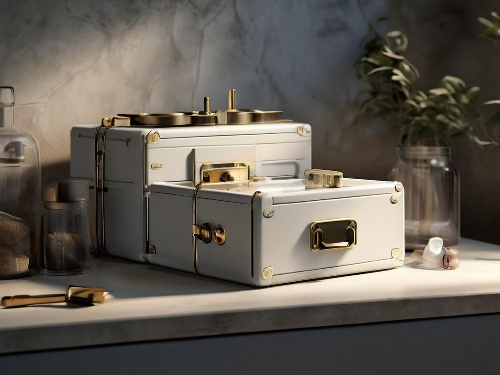 A locked modular storage block with a registration key slot, sitting on a stone counter under soft studio light.