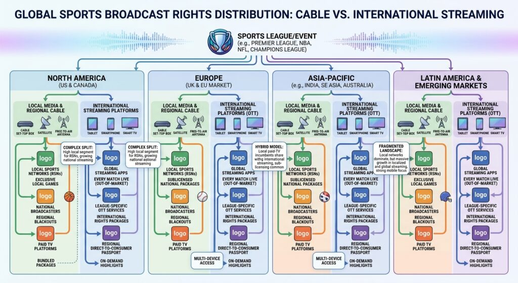 Sourcing diagram illustrating sports broadcast rights split between local television networks and online platforms.