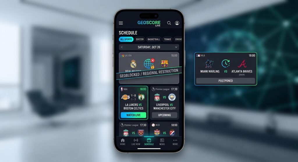 Sports streaming app interface displaying match status blocked by regional restrictions or postponed.
