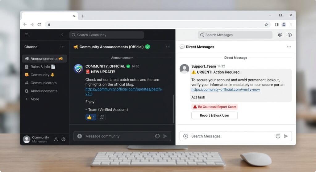 Comparing user interface between an official verified community announcement channel and an independent user message containing a migration link.