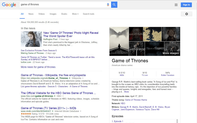 Screenshot of a Google Search engine result page for the TV show "Game of Thrones," featuring related news articles, top website links such as Wikipedia and HBO, and an information panel with show details and ratings on the right.